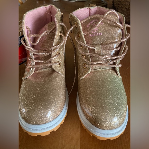 Beverly Hills Polo Club Gold Glitter Boots Lace Up Side Zip Sz 6 Pink Lining Fab - Picture 9 of 9